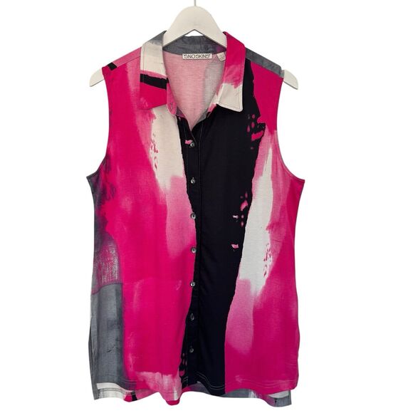 Sno Skins Vibrant Pink Black Slinky Button Down Top Sleeveless Side Slits Large - Picture 1 of 11
